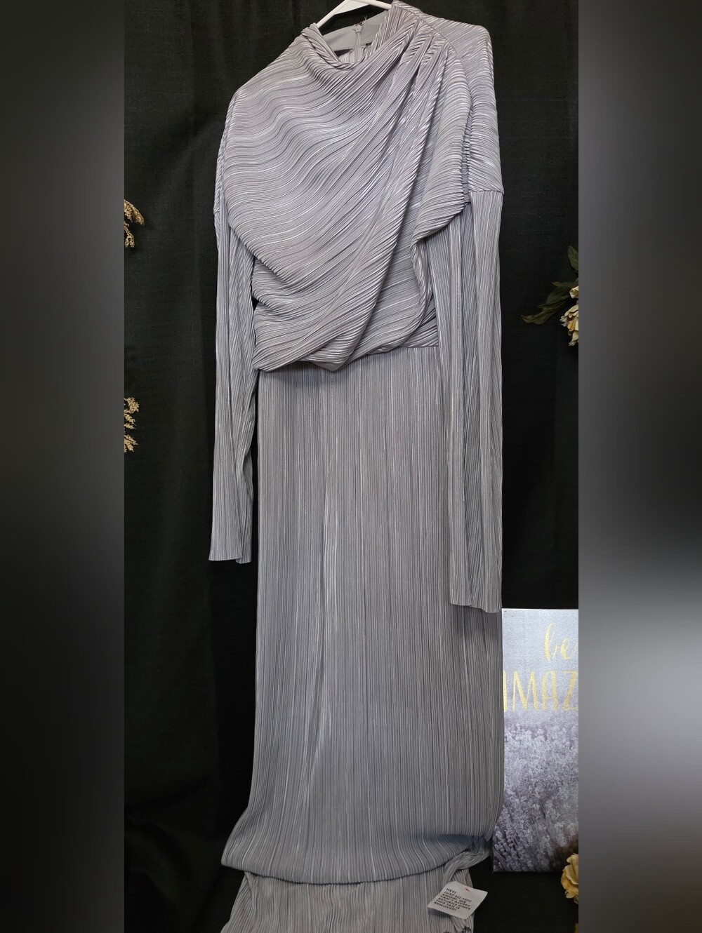 NWT ASOS DESIGN SZ 10 Plisse High Neck Wrap Silver/Grey Pleated Maxi Dress